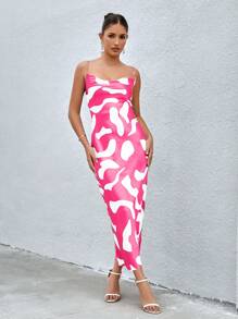 GENKIRA Random Printed Sleeveless Slim Fit Holiday Cami Dress - Hot Pink - View 5