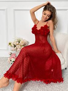 夸张3D花朵装饰透视网纱露背性感吊带睡裙夏季 - 紅色 - 查看 4