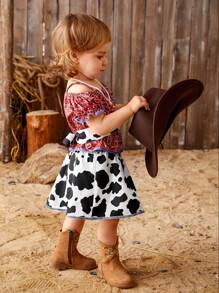 SHEIN 3pcs/Set Toddler Girls' New Fun Spring/Summer Outfit, Including Fun Printed Western Style Cowgirl Denim Shirt, Milk Print T-Shirt And Casual Jeans