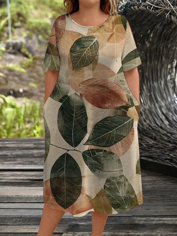 EMERY ROSE Women's Plus Size Vintage Floral & Leaf Pattern Printed Knee-Length Casual Summer Dress