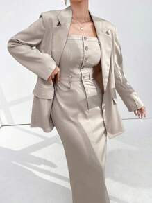 Modelyn 女士单排扣纯色开叉连衣裙和纯色简约西装外套套装两件套