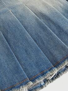 ROMWE Hippie Women Casual Washed And Distressed Pleated Denim Skirt For Spring/Summer - Blue - View 4