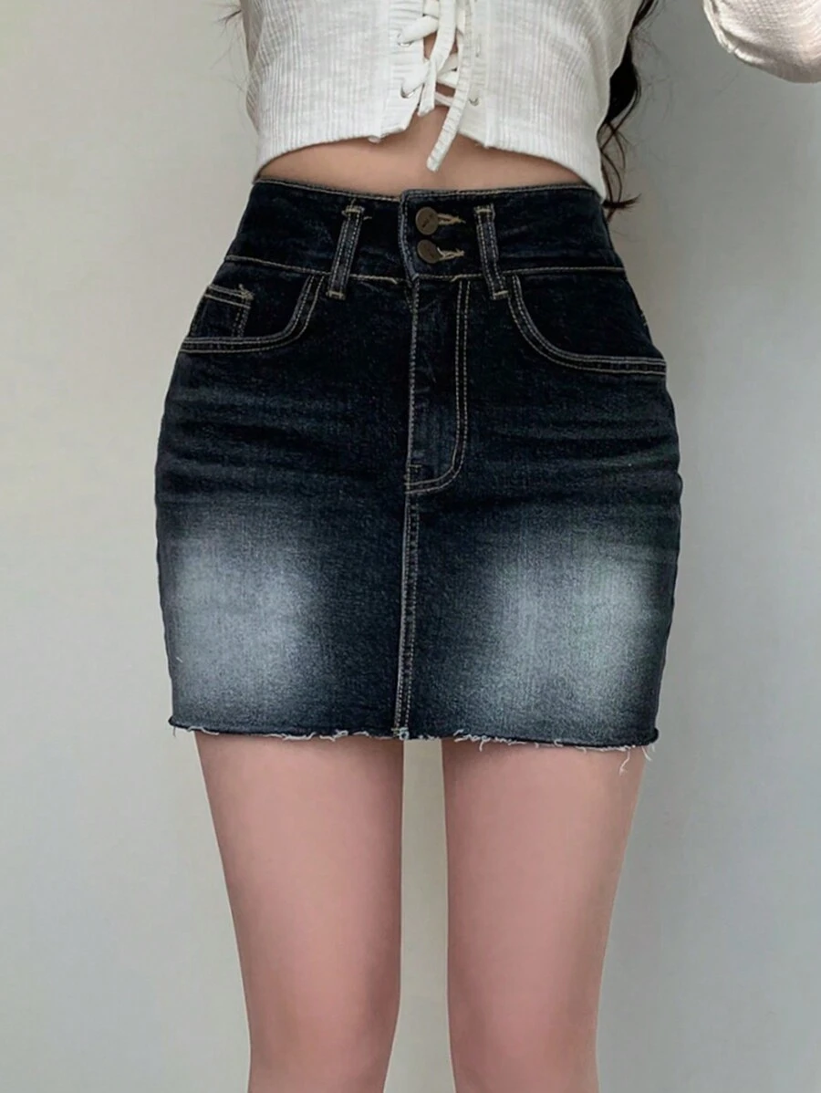 DAZY Jupe en jean délavé avec finition lavée pour femmes