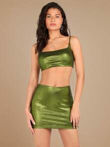 SHEIN BAE Débardeur sexy U-Neck de couleur unie argentée et jupe mini moulante pour les tenues d'été quotidiennes/rendez-vous