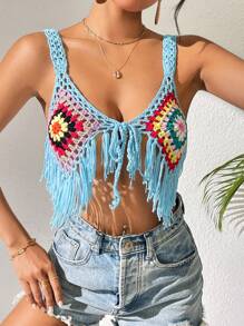 SHEIN Swim 女士海滩度假波西米亚风彩色钩针罩衫夏季 - 彩色 - 查看 3