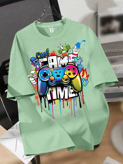 SHEIN Tween Boys' Casual Short Sleeve Round Neck T-Shirt With Gamepad Design, Suitable For Summer