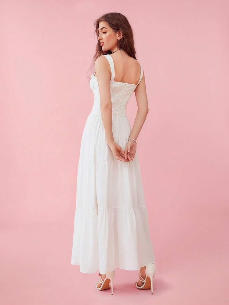 Romantic Countryside White Square Collar Pleated Long Casual White Dress Graduation Vacation