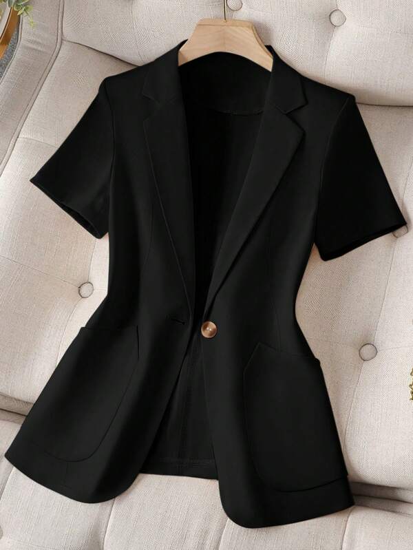 Franclia Asymmetrical Pocket Single-Breasted Turn-Down Collar Short Sleeve Blazer Jacket