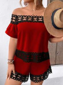SHEIN Clasi Plus Size Off Shoulder Casual Short Sleeve Top And Shorts Set For Spring And Summer - Red - View 1