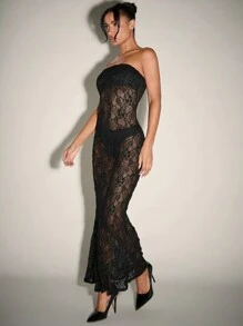 SHEIN BAE Lace Dress, Country Concert Outfit, Summer Dress, Rave Festival Outfits, Maxi Women Dresses & Beachwear, Mermaid Dress & Long Dresses For Women, Concert Women Outfit, Short Summer Dress, Summer Women Dresses, Outfit Sets Long Women Dresses Festival Outfits, Sexy Dress - Black - View 5
