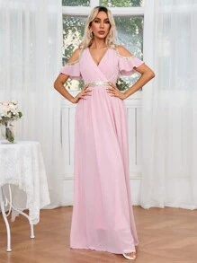 SHEIN Belle Jurk met glitterlint en split met open schouder en taille