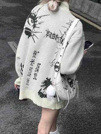 复古街头风全印花拉链口袋装饰长袖毛衣夹克