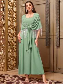 Al Najma Elegant Rhinestone Tassel Decorated Batwing Sleeve Long Dress With Straps, Summer