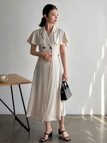 FRIFUL Women's Solid Color Lapel Collar Cape Sleeve Double Breasted Dress Sundress Maxi Dress - Beige - View 4