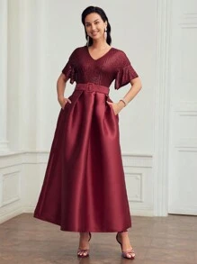 MOTF PREMIUM V-NECK CONTRAST SEQUIN FLARE SLEEVE BUCKLE BELTED DRESS