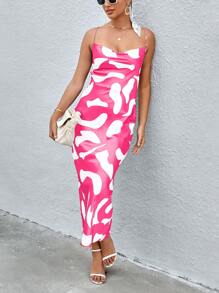 GENKIRA Random Printed Sleeveless Slim Fit Holiday Cami Dress - Hot Pink - View 1