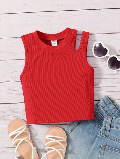 SHEIN Young Girl Casual And Comfortable Sleeveless Tank Top With Round Neck, Solid Color