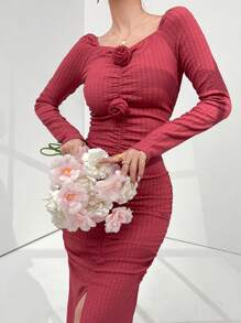 Modelyn Women's Spring Long Sleeve Slim Fit Pleated Dress - Pink - View 1