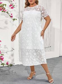 SHEIN Clasi Vestido elegante de vacaciones blanco de parches de encaje bordado y encaje soluble
