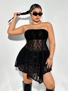 SHEIN ICON Plus Size Strapless Lace See-Through Dress, For Summer - Black - View 4