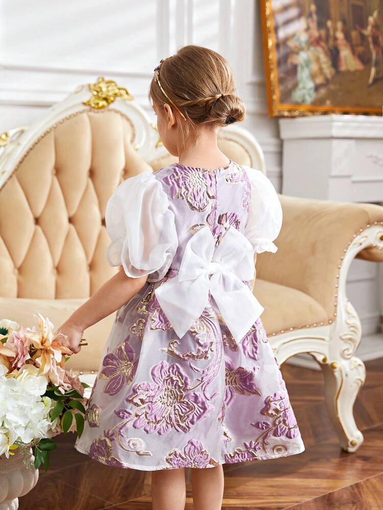 Young Girls' Casual Round Neck See-Through Sleeves & Big Bowknot Decoration Jacquard Dress