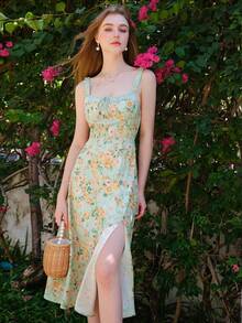 Vestido Largo Estilo Francés Vintage Con Impresión Floral En Línea A Y Tirantes Spaghetti - Verde - Ver 3