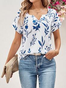 SHEIN Clasi 女士藍白色小枝紋V領蝙蝠袖上衣