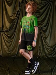 TEENAGE MUTANT NINJA TURTLES X SHEIN Conjunto de 2 peças de camiseta casual de manga curta com estampa de desenho animado e shorts de cintura com cordão para menino pré-adolescente, verão