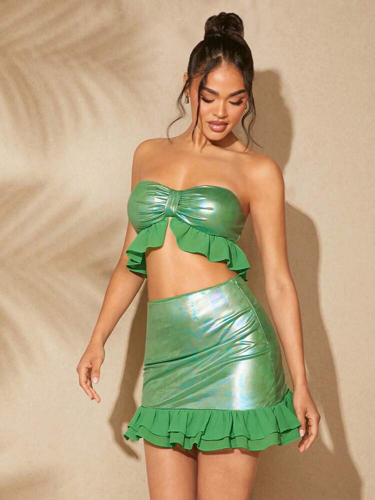 Bow Bandeau Top With Ruffle Trim & Mini Skirt Two Pieces Set