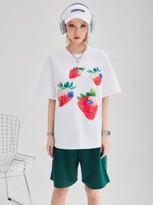 SHEIN EZwear Summer Women's T-Shirt And Bermuda Shorts Set, Strawberry Printed T-Shirt With Color Block Design - Multicolor - View 3