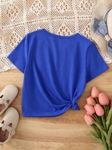 SHEIN Young Girl Knitted Solid Color Heart Sequin Front Short Sleeve T-Shirt