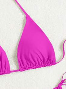 SHEIN Swim 女士純色露肩帶性感比基尼套裝，適用於度假、夏季海灘 - 玫紅色 - 查看 5