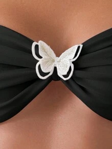 SHEIN Swim Women's Vacation Beachwear Floral Decorated Halter Neck Tie Sexy Bikini Set,Summer Beach - Black - View 5