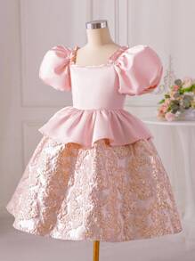 SHEIN Tween Girl Square Neck Ruched Poof Sleeves Jacquard Dress With Ruffle Hem - Pink - View 8