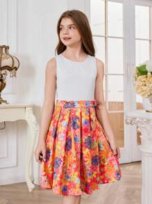 Tween Girl Casual Back Lace-Up, Hollow Out, Pleated Dress With Playful Print Design, Princess Dress - White - View 1