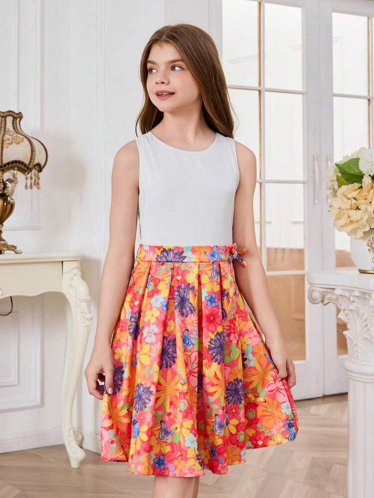 Tween Girl Casual Back Lace-Up, Hollow Out, Pleated Dress With Playful Print Design, Princess Dress