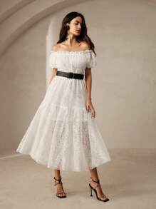 Anewsta Vestido elegante de fiesta para mujer con hombros descubiertos y mangas abullonadas - Blanco - Ver 3