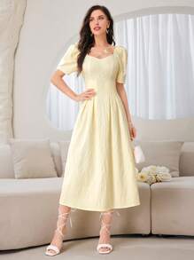 Modelyn 女士夏季純色泡泡袖褶皺裙