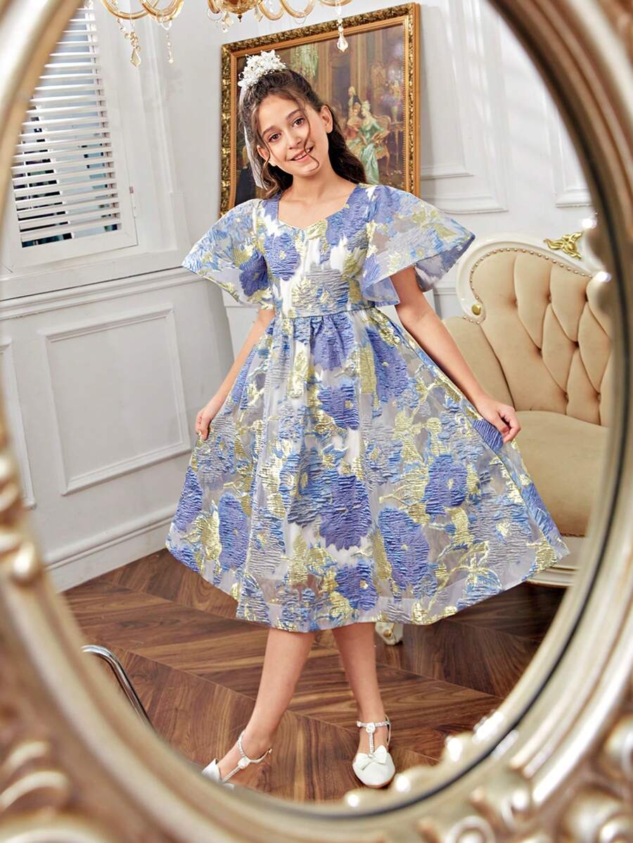 SHEIN Leap Crew Tween女孩a字領圓領裙,荷葉邊袖子,花織和鑲鑽裝飾 - 藍色 - 查看 1