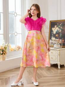 SHEIN Set aus lockerem Rüschen-Top und bedrucktem Chiffonrock für Tween Mädchen - Heißes Pink - Übersicht 5