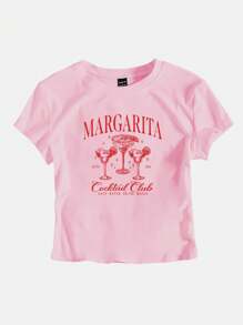 SHEIN Unity Women's Summer Y2K Style Margarita Cocktail Printed Cropped T-Shirt Baby Tee Graphic Tees Women Tops - Pink - View 3