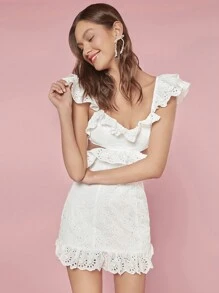Enchnt Women Cute Holiday Summer Spring Graduation Party Solid Color Sweetheart Neck Cap Sleeve Waist Hollow Out Simple White Dress