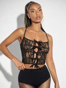 SHEIN BAE Solid Color Lace Sexy See-Through Strap Hollow Out Black Camisole Top Spring & Summer For Women, Suitable For Concerts, Music Festivals, Sexy And Charming Night Date, Singles Parties - Black - View 1