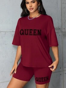 Damen Große Größen Sommer Set aus T-Shirt mit Buchstaben-Muster am Rundhals-Ausschnitt und Kurzarm sowie Shorts im Lässig Stil