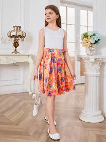 Tween Girl Casual Back Lace-Up, Hollow Out, Pleated Dress With Playful Print Design, Princess Dress - White - View 6