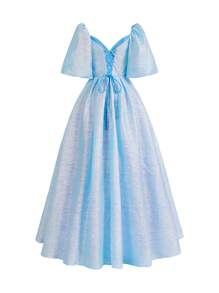 SHEIN Belle 女性華麗優雅的輕質塗層織物籠狀袖長裙，腰部高設計，甜心領，後部可調式帶子，晚禮服晚宴裙子，設有開叉