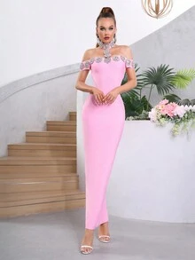 Modphy 新款女款黑色露肩性感重工奢華鑽飾緊身長版繃帶洋裝，婚禮伴娘禮服，正式晚宴派對洋裝 - 粉色 - 查看 5