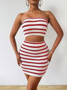 Zolique Women Summer Color Block Striped Slim Fit Strapless Dress With Sweater Two-Piece Set - Red - View 4