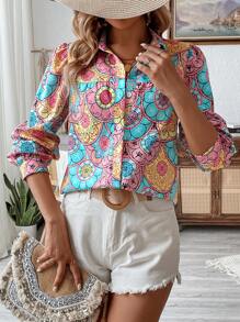 SHEIN LUNE Casual Long Sleeve Printed Shirt For Spring And Summer