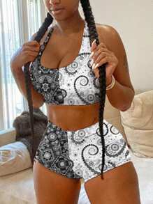 Slaydiva Musik Festival Crop Top und Shorts Zweiteiler Set für Frauen - Schwarz und Weiss - Übersicht 1